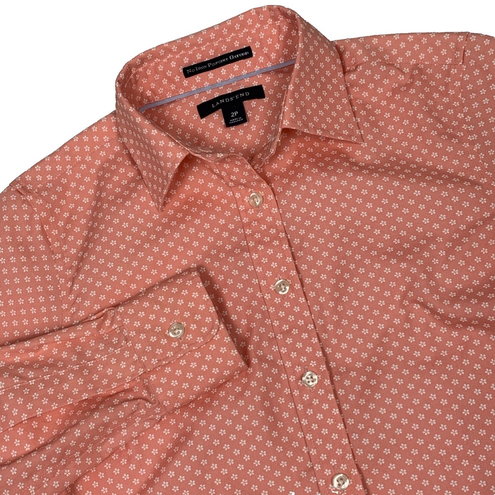 Lands End No Iron Pinpoint Oxford Shirt Womens 2P Coral Floral Button Down